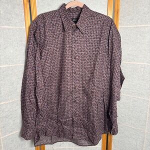 Ike Behar New York Mens Large Button Down Shirt Geometric Blue Burgundy USA